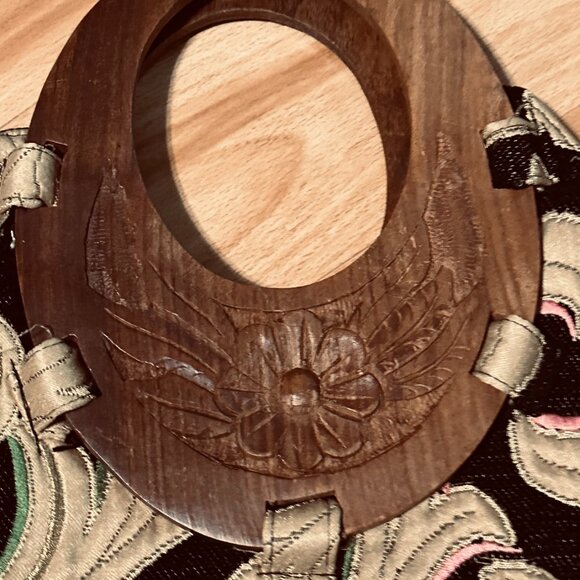 ZARA Crossbody Handbag Boho Wooden Handles Embroidered Fabric Black Tan Purses - Picture 11 of 14